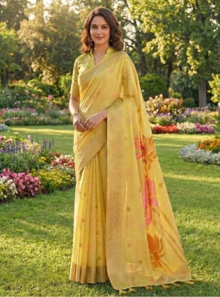 Yellow Linen Cotton Saree With Blouse Piece