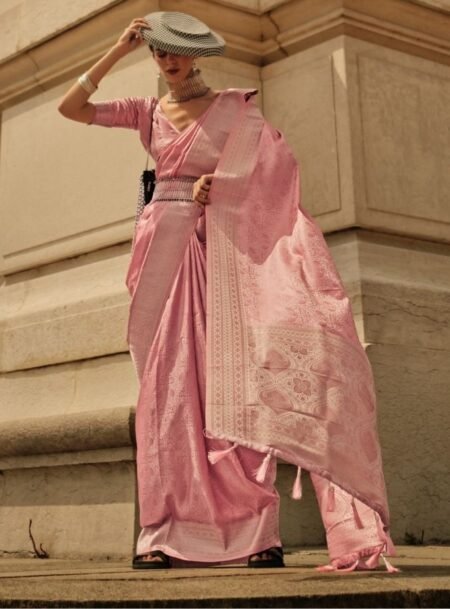 Blush Pink Pure Satine Handloom Weaving Silk Saree With Blouse Piece