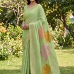 Pastel Green Linen Cotton Saree With Blouse Piece
