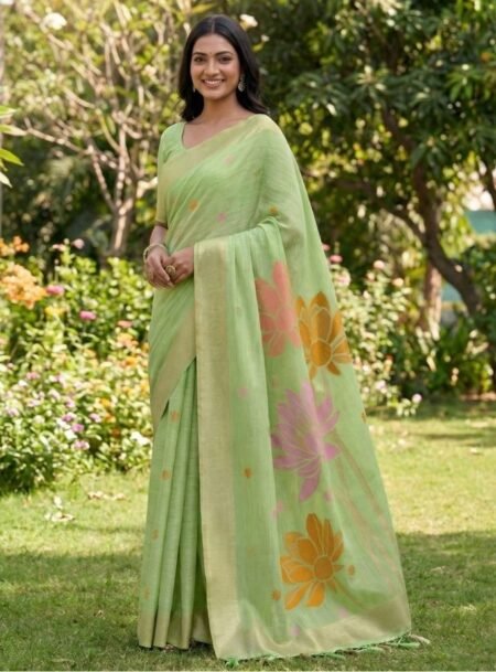 Pastel Green Linen Cotton Saree With Blouse Piece