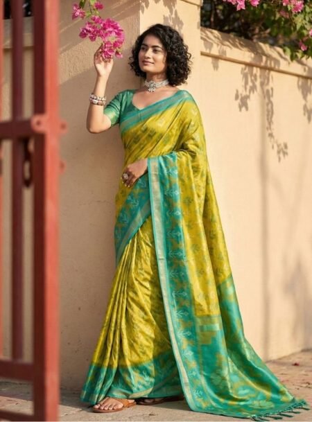 Mustrad Yellow Pochampalli Silk Saree With Purple Blouse Piece