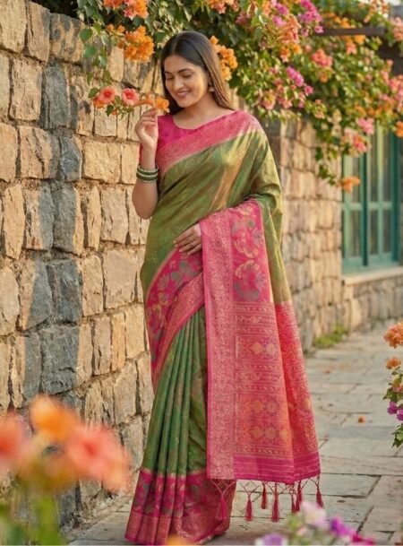 Mehndi Pochampalli Silk Saree With Blouse Piece