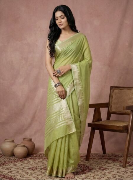 Light Green Cotton Saree With Blouse Piece