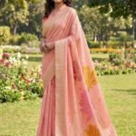 Peach Linen Cotton Saree With Blouse Piece