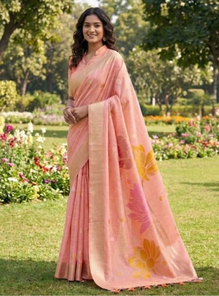 Peach Linen Cotton Saree With Blouse Piece