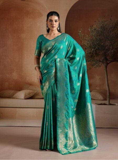 Teal Green Handloom Weaving Silk Saree With Blouse Piece