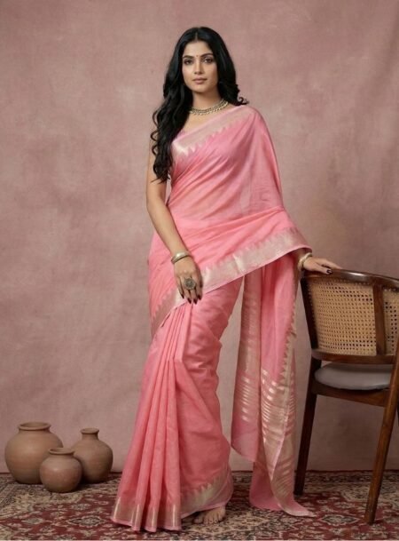 Coral Pink Cotton Saree With Blouse Piece