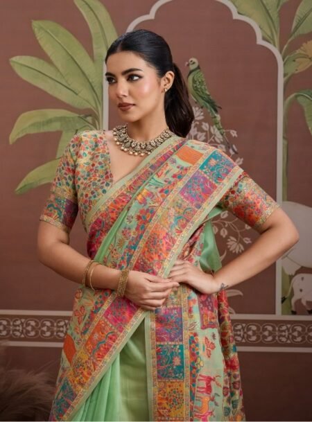 Green Modal Cotton Pashmina Weaving Saree With Blouse Piece