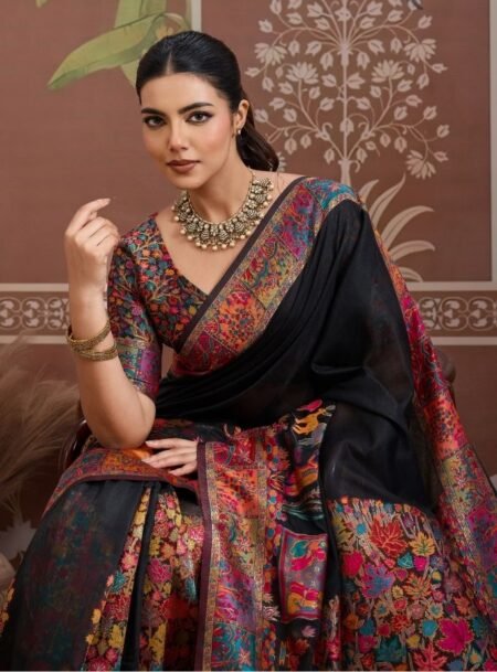 Black Modal Cotton Pashmina Weaving Saree With Blouse Piece