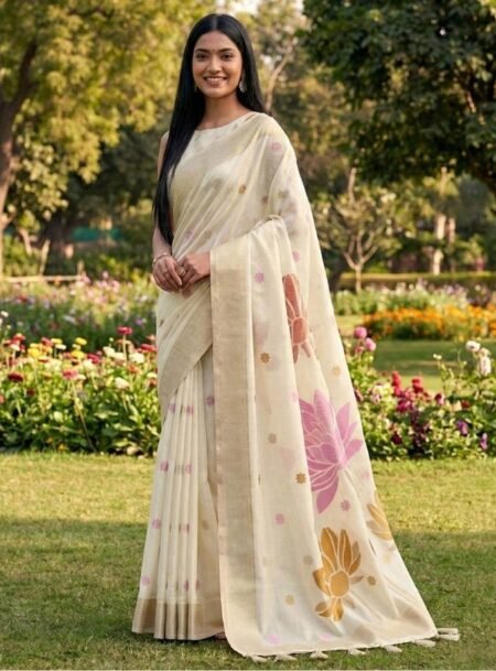 White Linen Cotton Saree With Blouse Piece