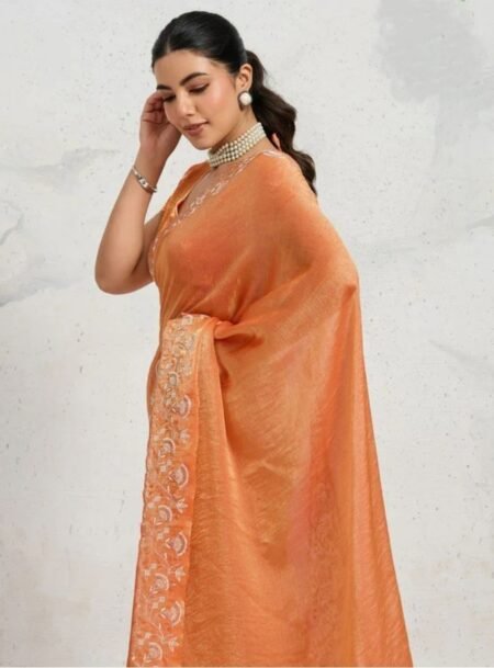 Orange Chiffon Velvet Broad C Pallu Embroidered Saree ( Dual Tone Zari Overly Sequance Threads )