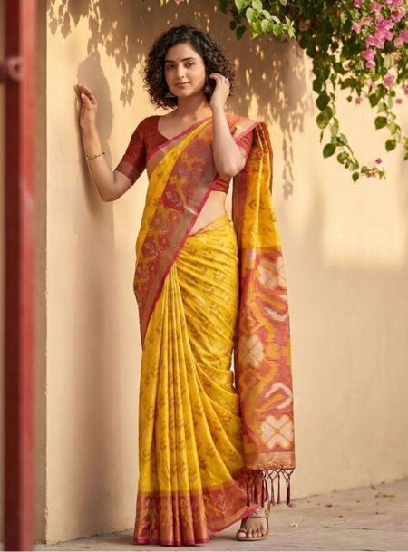 Yellow Pochampalli Silk Saree With Grey Blouse Piece