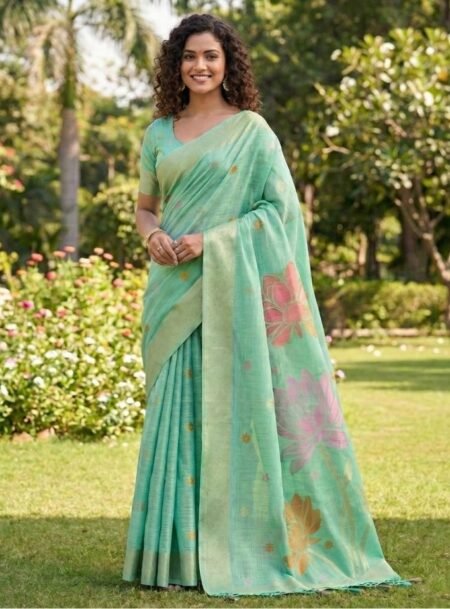Sea Green Linen Cotton Saree With Blouse Piece
