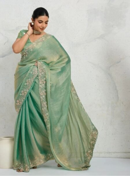 Mint Green Chiffon Velvet Broad C Pallu Embroidered Saree ( Dual Tone Zari Overly Sequance Threads )
